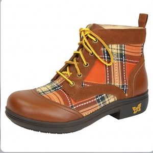 Alegria Brown and Orange Plaid Ankle Boots